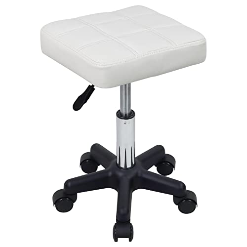 FURWOO FURWOO Square Swivel Stool with Wheels PU Leather Rolling Stool Height Adjustable for Spa Salon Massage White 