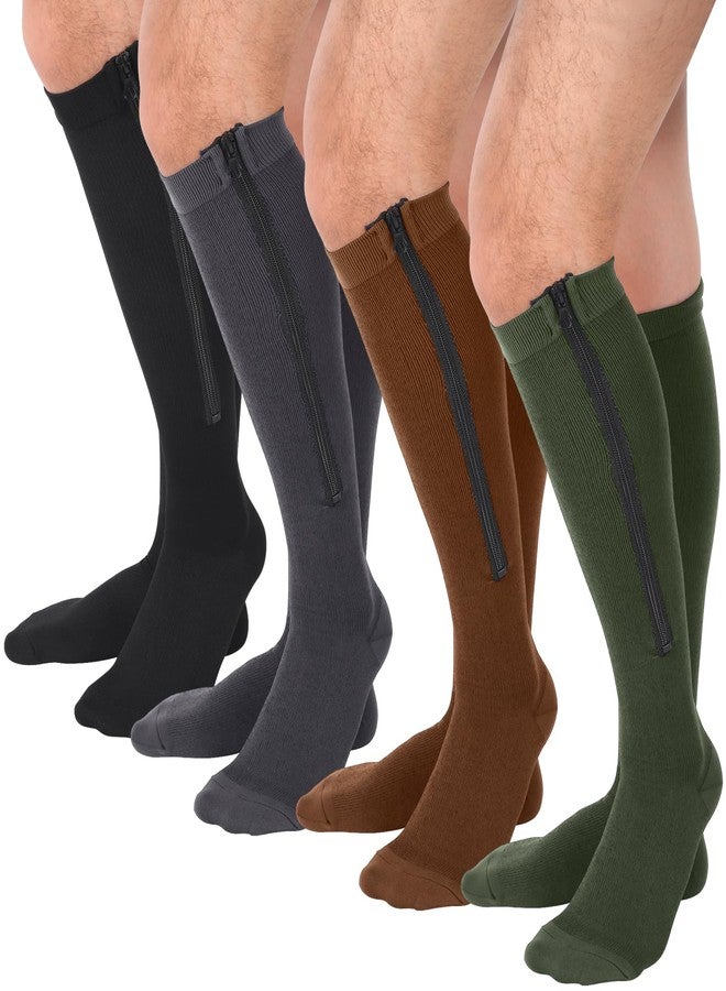 Tarpop 4 Pairs Men Zipper Compression Socks Colorful 20-30mmhg Compression Stockings with Zipper for Men Women Swelling Edema (Dark Color,L/XL) - Image 1