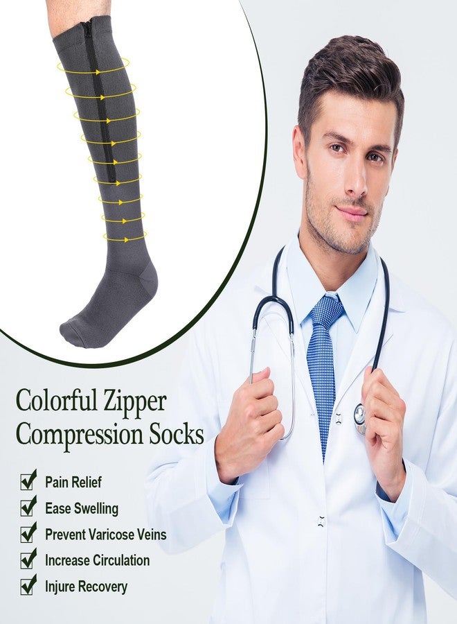 Tarpop 4 Pairs Men Zipper Compression Socks Colorful 20-30mmhg Compression Stockings with Zipper for Men Women Swelling Edema (Dark Color,L/XL) - Image 3