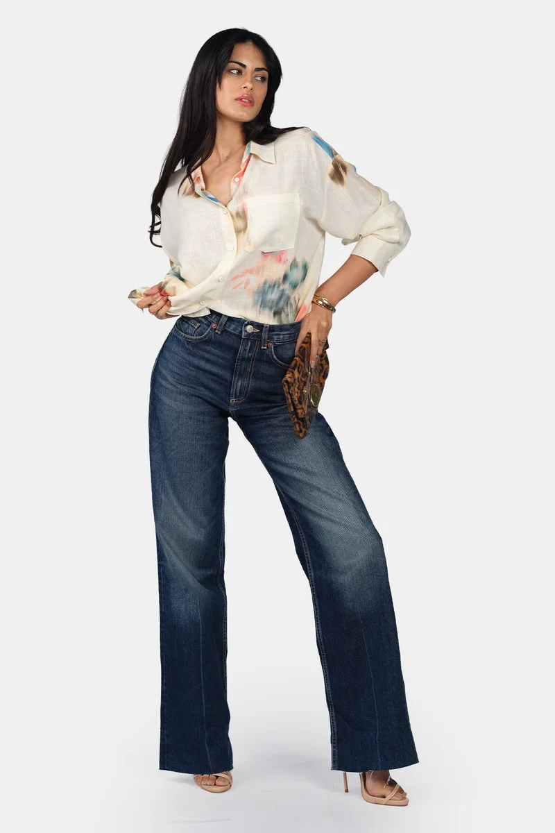 فيرجيو Abstract Linen Button Down Oversized Shirt for Women