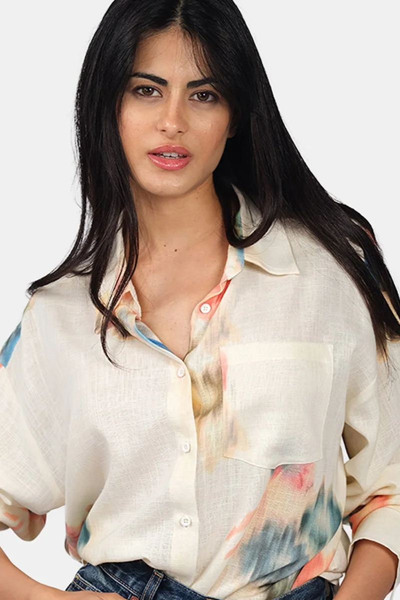 فيرجيو Abstract Linen Button Down Oversized Shirt for Women