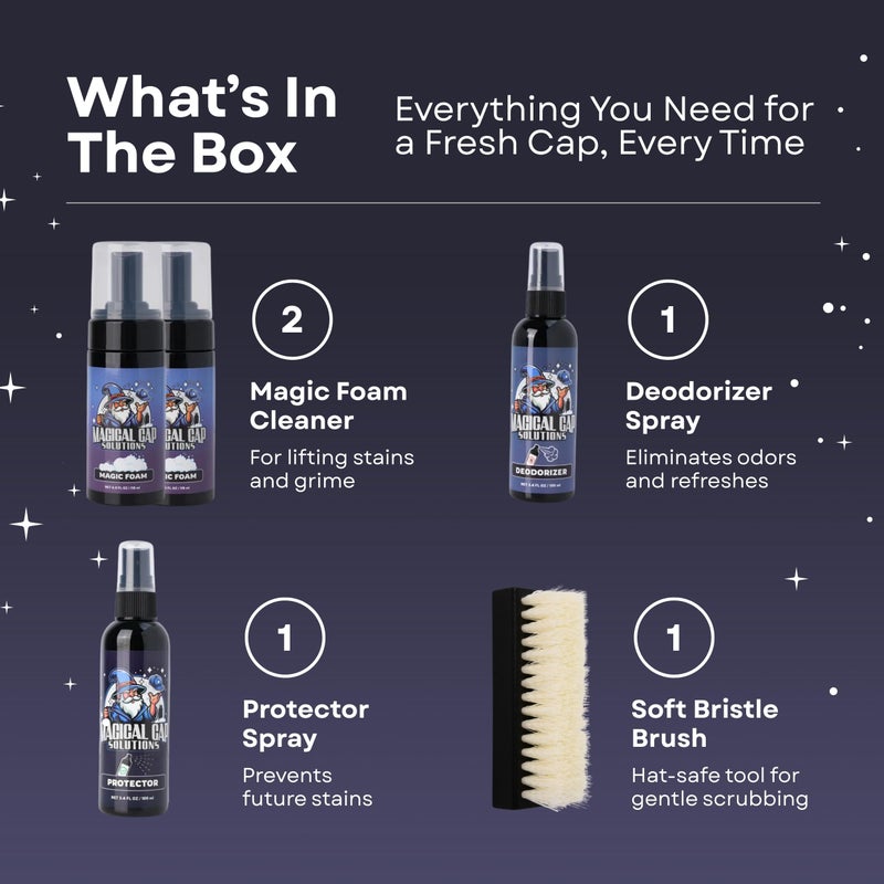 MAGICAL CAP SOLUTIONS Hat Cleaning Kit â€“ 4-Step Headwear Cleaner with Foam, Brush, Deodorizer & Protector â€“ Safe for Baseball Caps, Snapbacks & All Types of Fabrics - Image 2