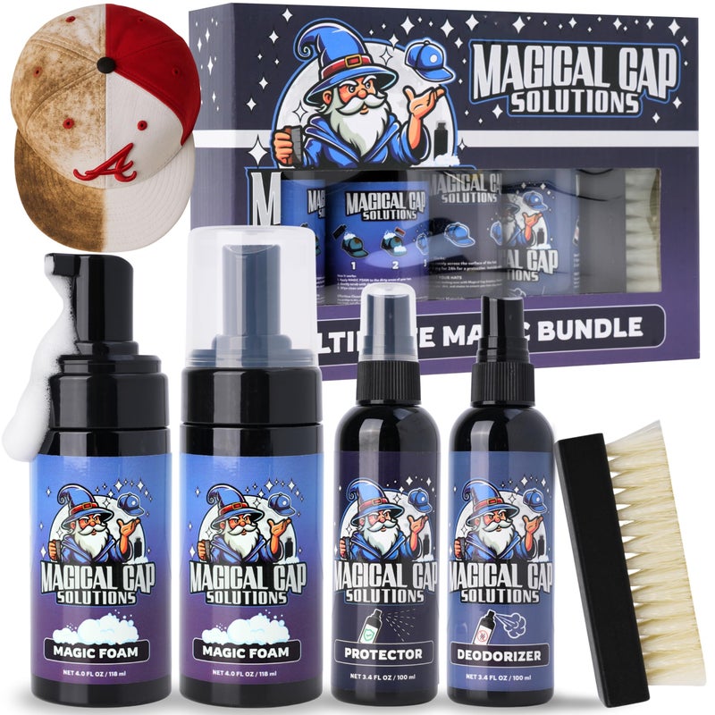 MAGICAL CAP SOLUTIONS Hat Cleaning Kit â€“ 4-Step Headwear Cleaner with Foam, Brush, Deodorizer & Protector â€“ Safe for Baseball Caps, Snapbacks & All Types of Fabrics - Image 1
