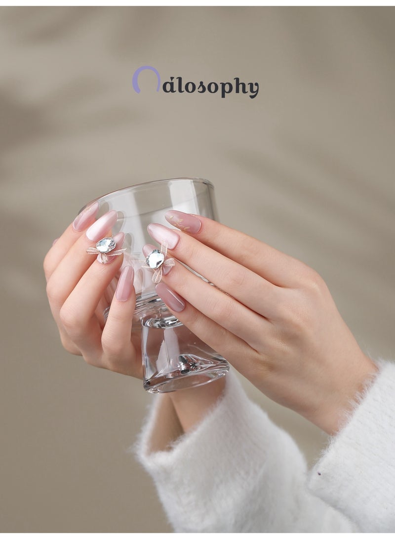 Nailosophy Sakura Ribbon Press-On Nails | Shimmery Pink with Crystal Bows & Gold Leaf Art - Image 2