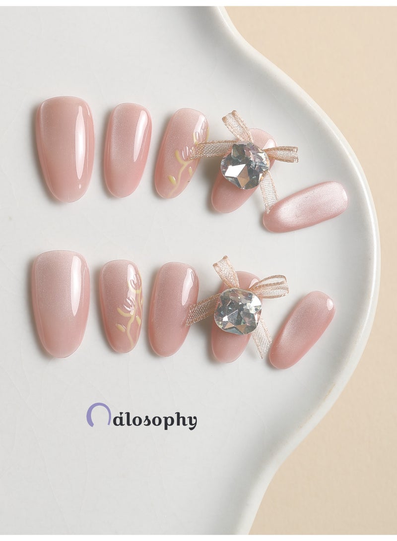 Nailosophy Sakura Ribbon Press-On Nails | Shimmery Pink with Crystal Bows & Gold Leaf Art - Image 1