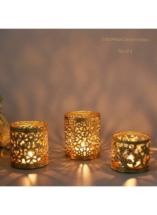 طقم حوامل شموع معدنية ذهبية مكون من 3 قطع - ديكور منزلي أنيق للطاولة لغرفة المعيشة وغرفة الطعام. - Image 1