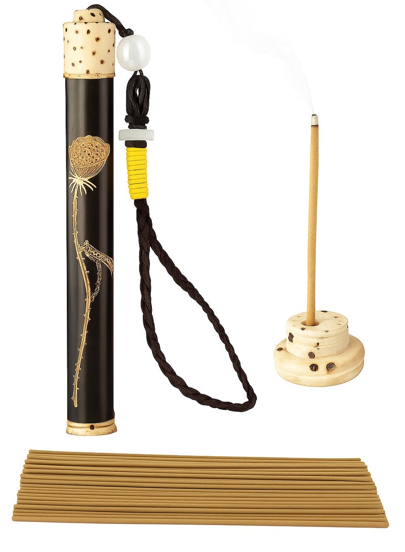 بخورى طقم أعواد بخور عود فاخر – 15 عود خشب العود الطبيعي (سُمك 2 ملم، 70 جم) مع حامل رائحة تدوم طويلاً للمنزل والمكتب واليوغا والتأمل - Image 1