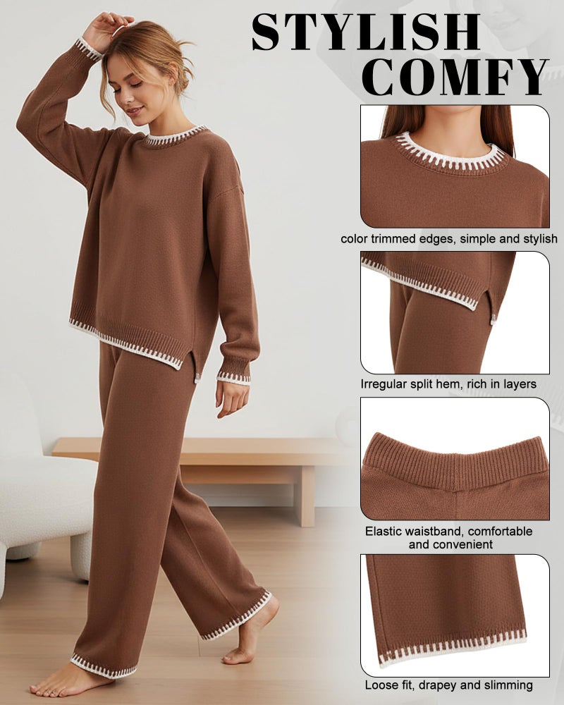 Simlakey Women 2 Piece Sweater Set Causal Lounge Set 2025 Stylish Long Sleeve Outfits Knit Matching Loungewear (Mocha,S) - Image 4