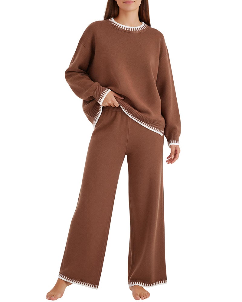Simlakey Women 2 Piece Sweater Set Causal Lounge Set 2025 Stylish Long Sleeve Outfits Knit Matching Loungewear (Mocha,S) - Image 1