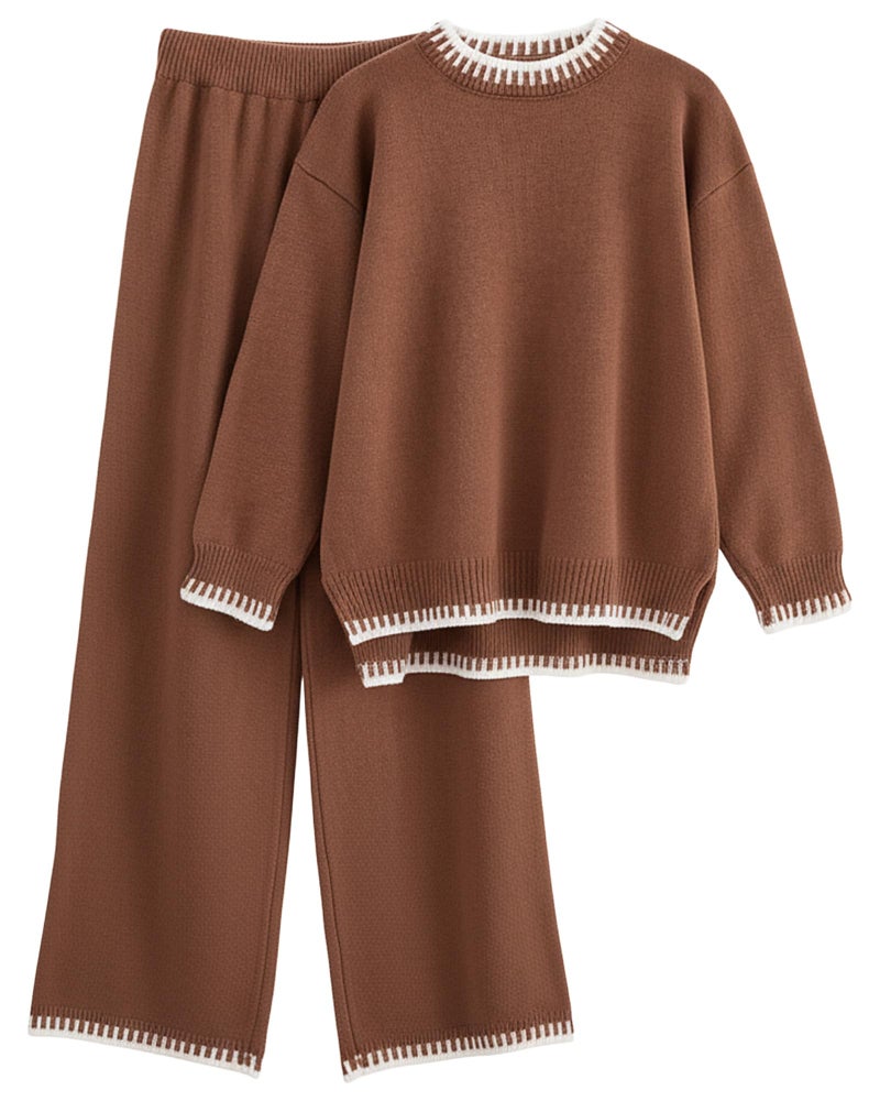 Simlakey Women 2 Piece Sweater Set Causal Lounge Set 2025 Stylish Long Sleeve Outfits Knit Matching Loungewear (Mocha,S) - Image 2