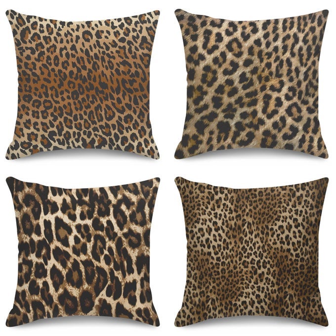 THROW PILLOW COVERS HOME DECOR SET OF 4 PILLOW CASES DECORATIVE 18 X 18 INCHES CUSHION COUCH SOFA PILLOWCASES LEOPARD WORK AFRICAN ANIMAL BLACK