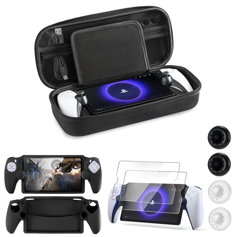 CoBak Hard Carrying Shell Case for PlayStation Portal Remote Player - with 2 Screen Protector, 1 Grip Case, 4 Thumb Grip Caps, Hard Outer Cover for PS5 Portal, Black - Image 1