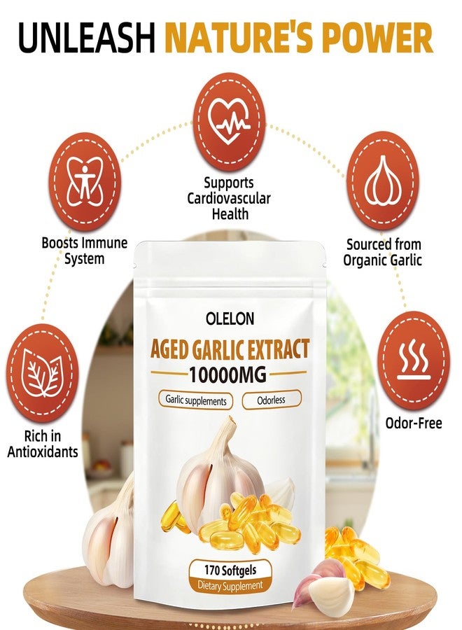 OLELON Aged Garlic Extract 170 Softgels - 1000mg High Potency, Odorless, Non-GMO & Organic Garlic Supplement for Heart Health, Immune Support & Antioxidant Benefits - Image 3