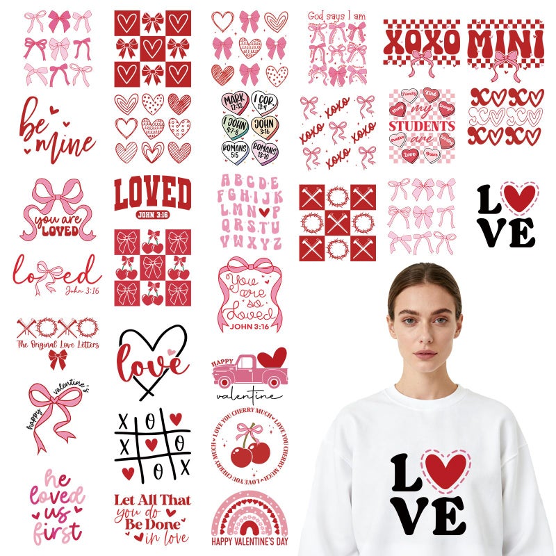 Shejdgart Dtf Transfers Ready to Press - 30 Pcs Valentines Day Bow Iron on Patches for T-Shirts, Love Heart Iron on Stickers Heat Transfer Vinyl Decals for DIY Fabric Clothes Decor - Image 1