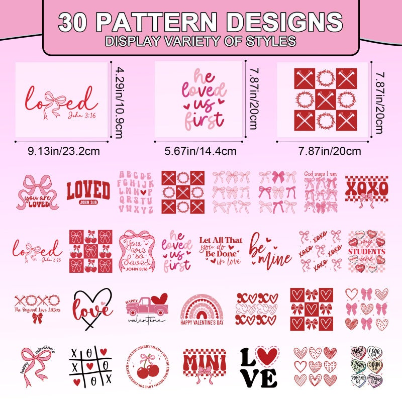 Shejdgart Dtf Transfers Ready to Press - 30 Pcs Valentines Day Bow Iron on Patches for T-Shirts, Love Heart Iron on Stickers Heat Transfer Vinyl Decals for DIY Fabric Clothes Decor - Image 2