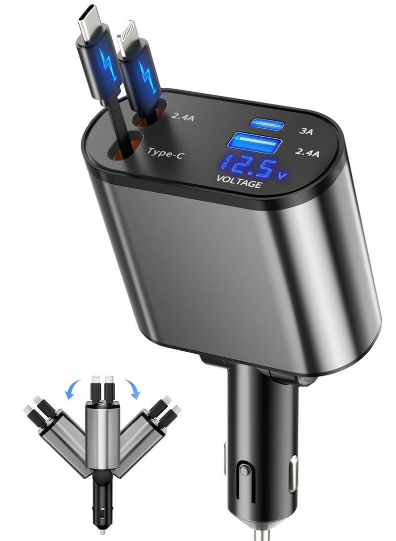 شاحن سيارة قابل للسحب ، شاحن سيارة سريع الشحن 4 في 1 USB-C  USB-A متوافق مع iPhone16/15/14/13/12/11 / X ، Galaxy ، Pixel - Image 1