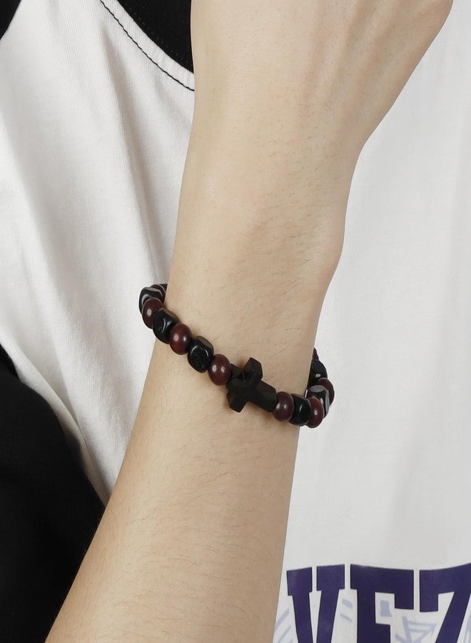 MILAKOO Mens Gifts Natural Wooden Stretch Bracelet Stainless Steel Cross Wrap Bracelets Adjustable - Image 4