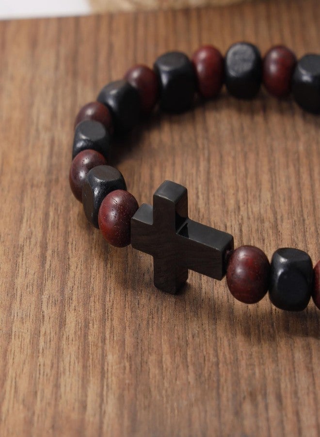 MILAKOO Mens Gifts Natural Wooden Stretch Bracelet Stainless Steel Cross Wrap Bracelets Adjustable - Image 3