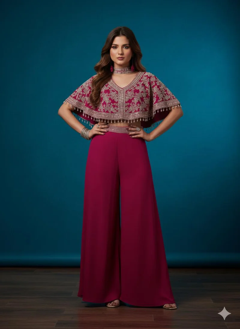 Lehar Raspberry Cape Blouse & Wide-Leg Trouser Set
