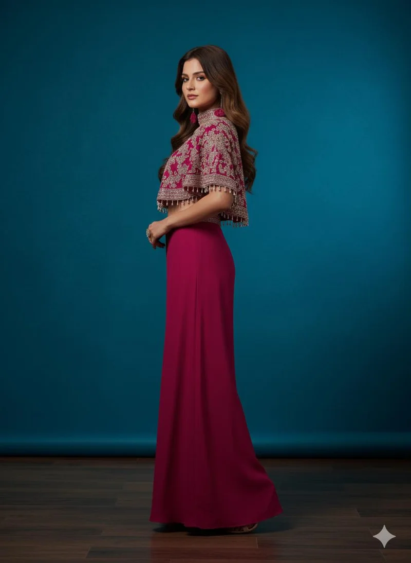 Lehar Raspberry Cape Blouse & Wide-Leg Trouser Set