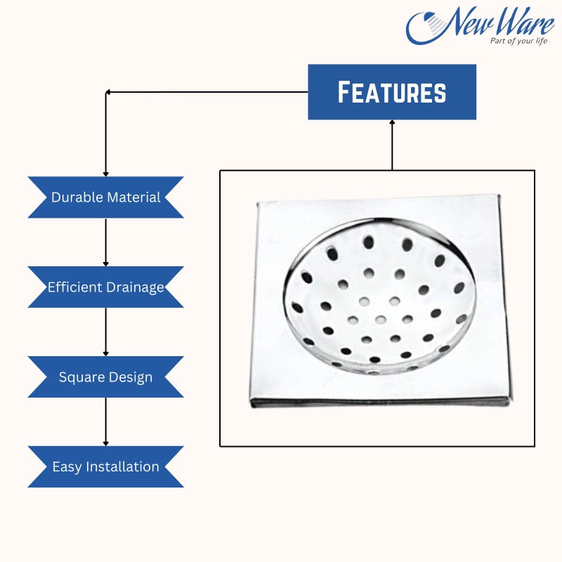 NEW WARE 6 x 6 Inch Square Stainless Steel Bathroom Floor Drain - Chrome Finish Water Drain Grating Floor Trap - Image 4
