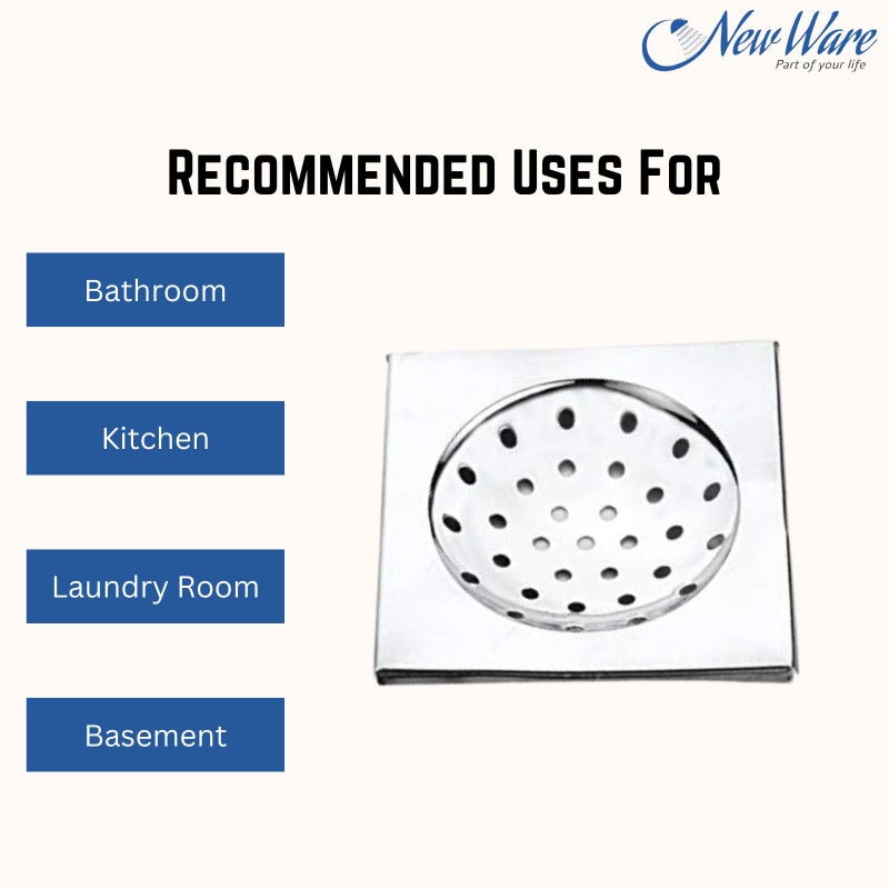 NEW WARE 6 x 6 Inch Square Stainless Steel Bathroom Floor Drain - Chrome Finish Water Drain Grating Floor Trap - Image 3