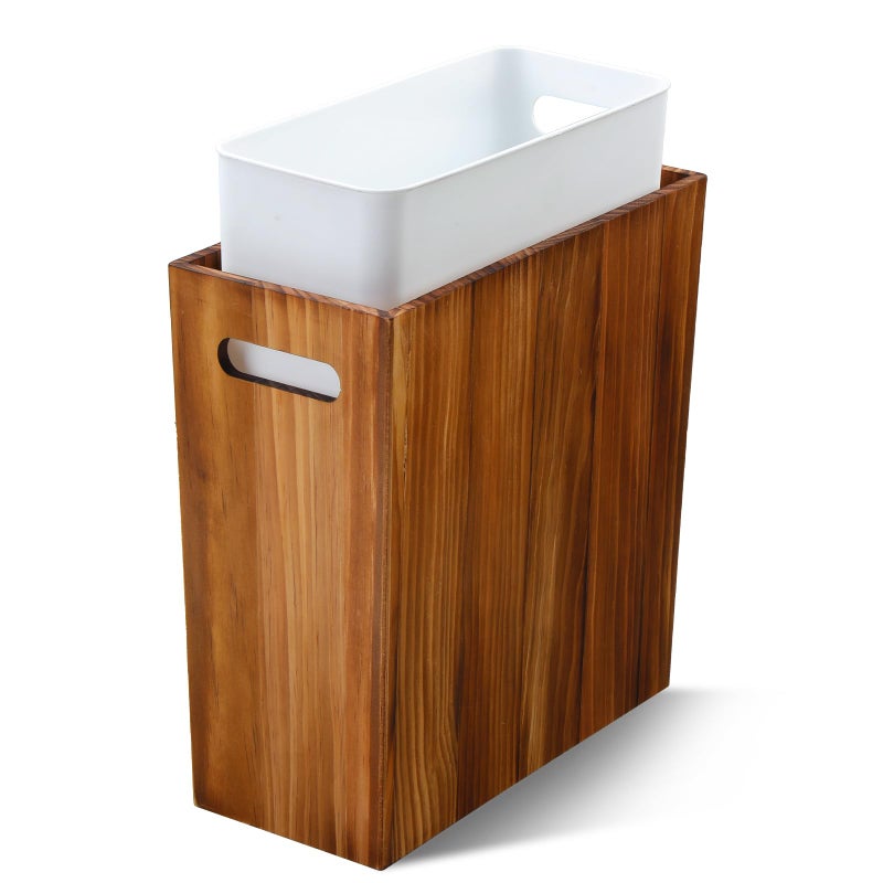 Coeusy 3 Gallon Wooden Trash Can with Liner,Small Solid Wood Bathroom Trash Can,Narrow Garbage Can,Decorative Waste Basket for Bathroom,Bedroom,Office - Image 1