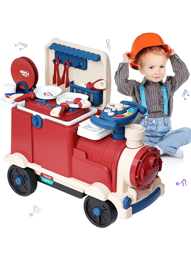 يونيكبيبي لعبة مطبخ وطعام قطار التظاهر، مجموعة لعب 3 في 1 للأطفال، لعبة مطبخ وتمثيل الطهي مع عجلة قيادة موسيقية، قطار طعام للأطفال، لعبة قطار منزلق، تتحمل وزن يصل إلى 60 كجم - Image 1