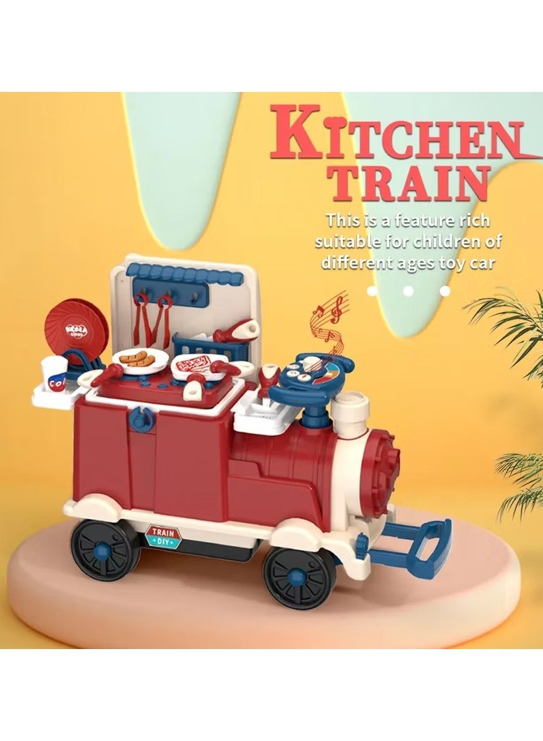 يونيكبيبي لعبة مطبخ وطعام قطار التظاهر، مجموعة لعب 3 في 1 للأطفال، لعبة مطبخ وتمثيل الطهي مع عجلة قيادة موسيقية، قطار طعام للأطفال، لعبة قطار منزلق، تتحمل وزن يصل إلى 60 كجم - Image 2