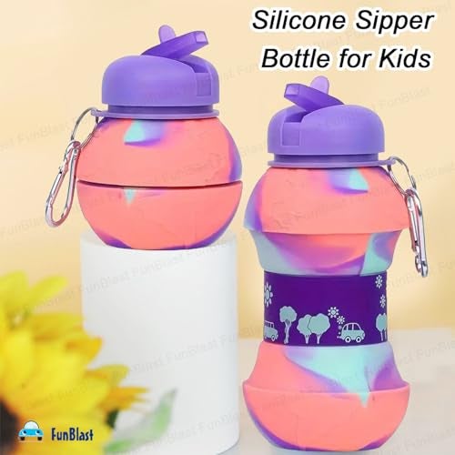 FunBlast Silicone Sipper Bottle for Kids - 550 ML Foldable, Expandable Water Bottle for Home, Office, Gym, Trekking - Fancy Stylish Sipper for Girls, Boys (Purple) - Image 4