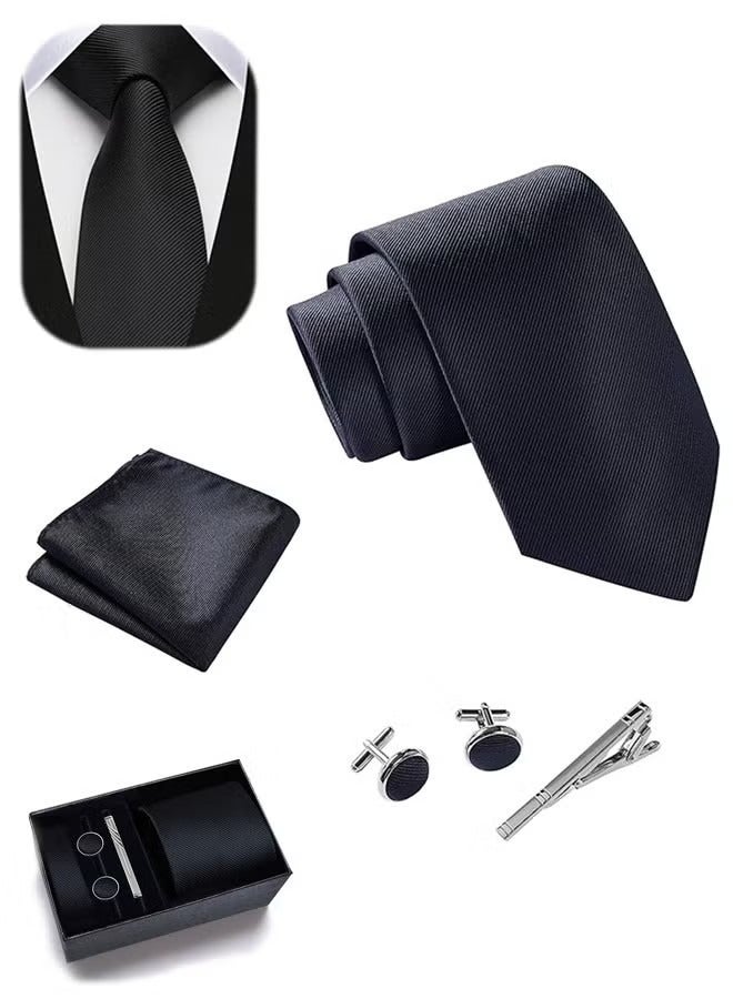 Ties for Men Set with Pocket Square Cufflink and Tie Clip, Necktie Handkerchief in Gift Box for Wedding and Business(Black) - Image 1