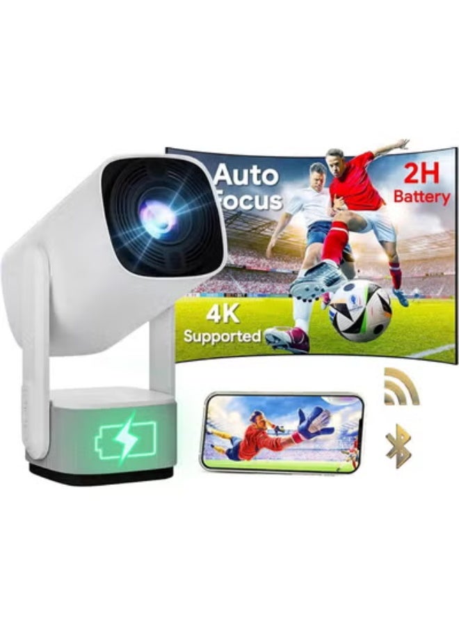 Projector 4K - Portable 1080P HD 320 ANSI Mini Projector, Auto Focus Battery Powered Wireless Projector with Wifi 6 & Bluetooth 5.0, Smart Android 11.0 OS, 270°Adjustable Stand, White