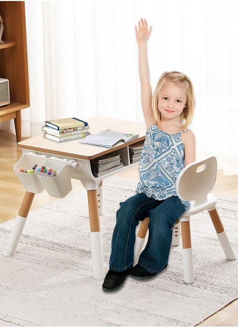 Toddler desk and chair set, kids multi-functional educational study table, height adjustable height, built-in storage, tool-free assembly, modern design, for kids arts crafts, homework