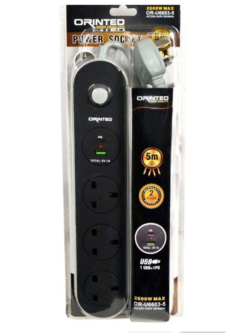 ماركة غير محددة - توصيلة كهربائية orinted  بثلاثة منافذ قوية ومتينة 2500وات  مع مدخل usb وbd طول خمسة متر - Image 1