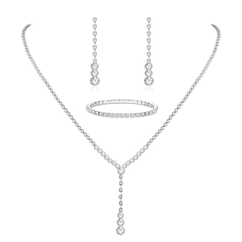 LOYALLOOK Crystal Silver Necklace and Earrings with Crystal Bracelet for Women Teardrop Dangle Earrings Rhinestone Necklace Bracelet for Bride Bridesmaid Bridal Wedding Party Jewelry Sets Style C - Image 1