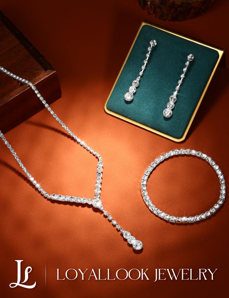 LOYALLOOK Crystal Silver Necklace and Earrings with Crystal Bracelet for Women Teardrop Dangle Earrings Rhinestone Necklace Bracelet for Bride Bridesmaid Bridal Wedding Party Jewelry Sets Style C - Image 5