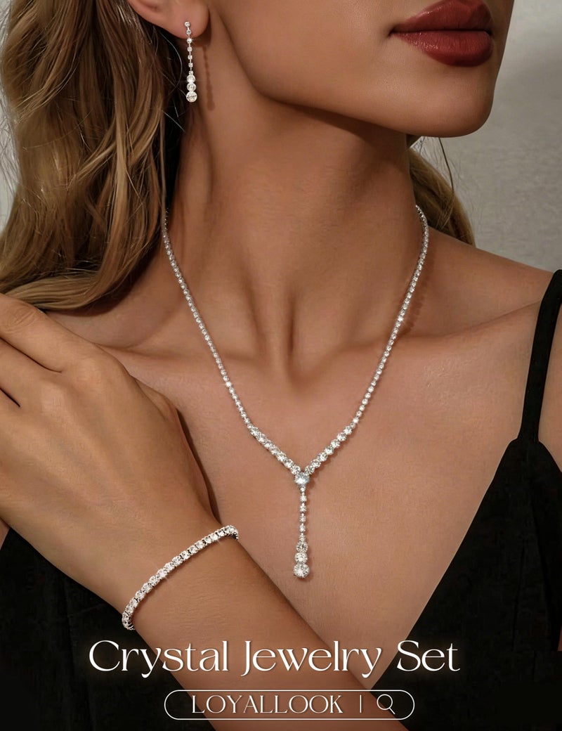 LOYALLOOK Crystal Silver Necklace and Earrings with Crystal Bracelet for Women Teardrop Dangle Earrings Rhinestone Necklace Bracelet for Bride Bridesmaid Bridal Wedding Party Jewelry Sets Style C - Image 2
