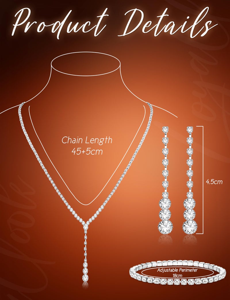 LOYALLOOK Crystal Silver Necklace and Earrings with Crystal Bracelet for Women Teardrop Dangle Earrings Rhinestone Necklace Bracelet for Bride Bridesmaid Bridal Wedding Party Jewelry Sets Style C - Image 4