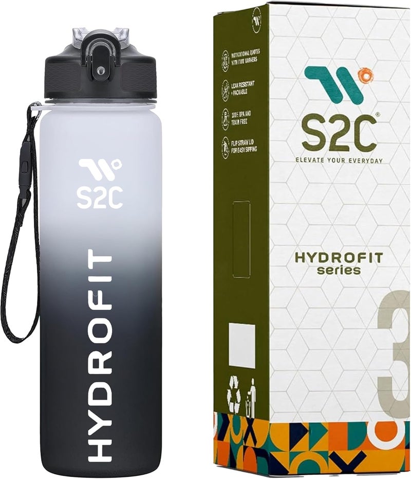 S2C ™ Motivational Large Water Bottle 1L Tritan Plastic Water Bottle With Time Markers, Leak Proof Water Bottle For Kids, School Water Bottles (GREY&WHITE) - Image 1