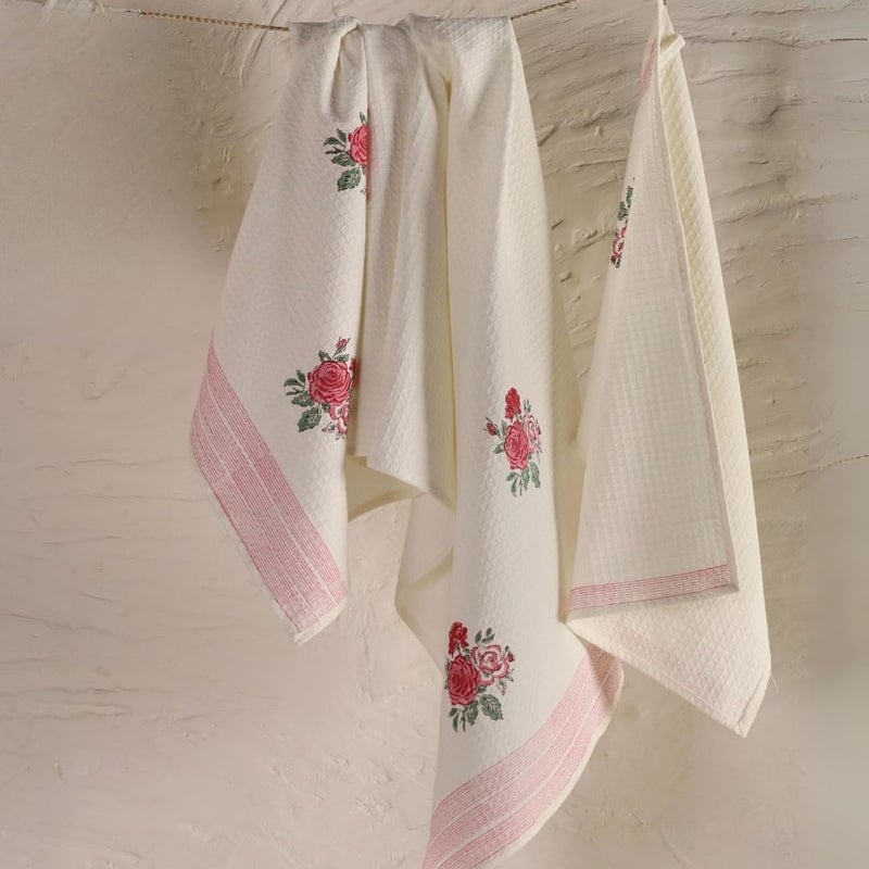 Peepul Tree Block Printed Hand and Bath Towels, Super Absorbent, Soft & Faster Drying, Floral Printed 100% Pure Cotton, 240 GSM (1 Hand and 1 Bath Towel, Off-White & Pink Roses) - Image 5