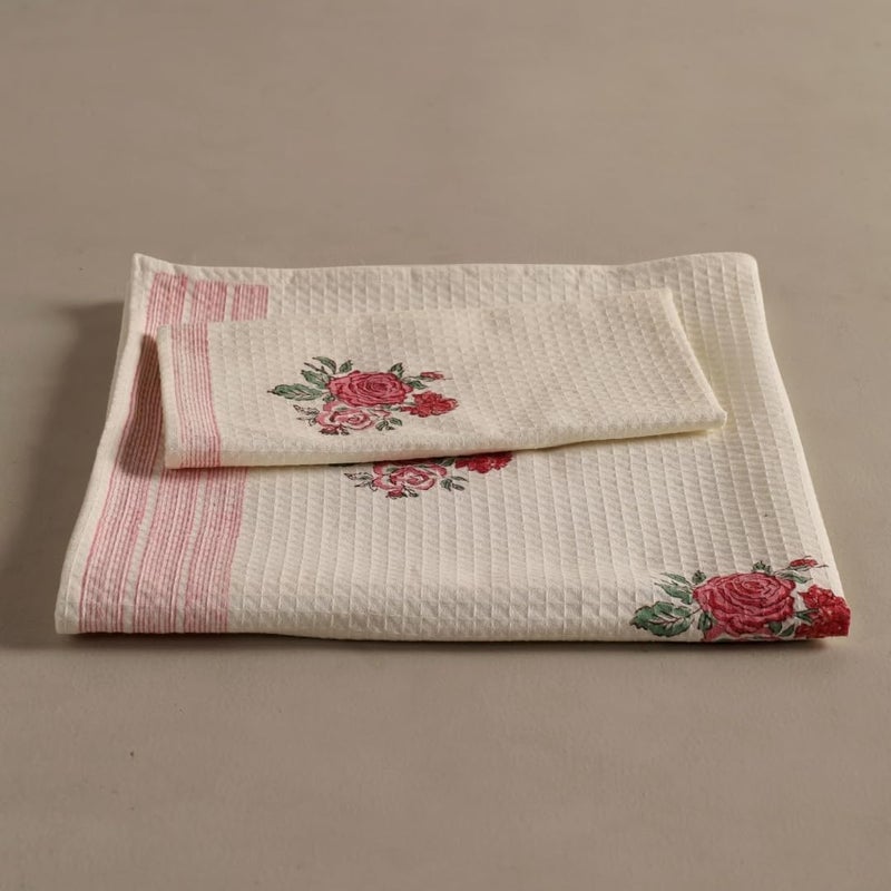 Peepul Tree Block Printed Hand and Bath Towels, Super Absorbent, Soft & Faster Drying, Floral Printed 100% Pure Cotton, 240 GSM (1 Hand and 1 Bath Towel, Off-White & Pink Roses) - Image 3