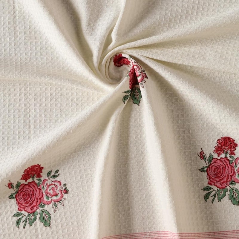Peepul Tree Block Printed Hand and Bath Towels, Super Absorbent, Soft & Faster Drying, Floral Printed 100% Pure Cotton, 240 GSM (1 Hand and 1 Bath Towel, Off-White & Pink Roses) - Image 2