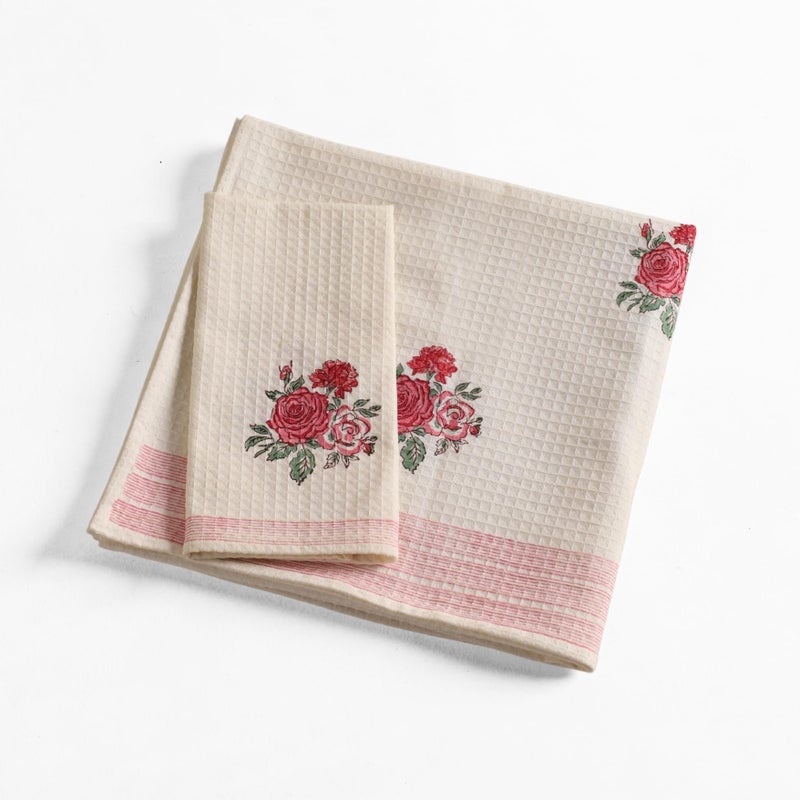 Peepul Tree Block Printed Hand and Bath Towels, Super Absorbent, Soft & Faster Drying, Floral Printed 100% Pure Cotton, 240 GSM (1 Hand and 1 Bath Towel, Off-White & Pink Roses) - Image 1