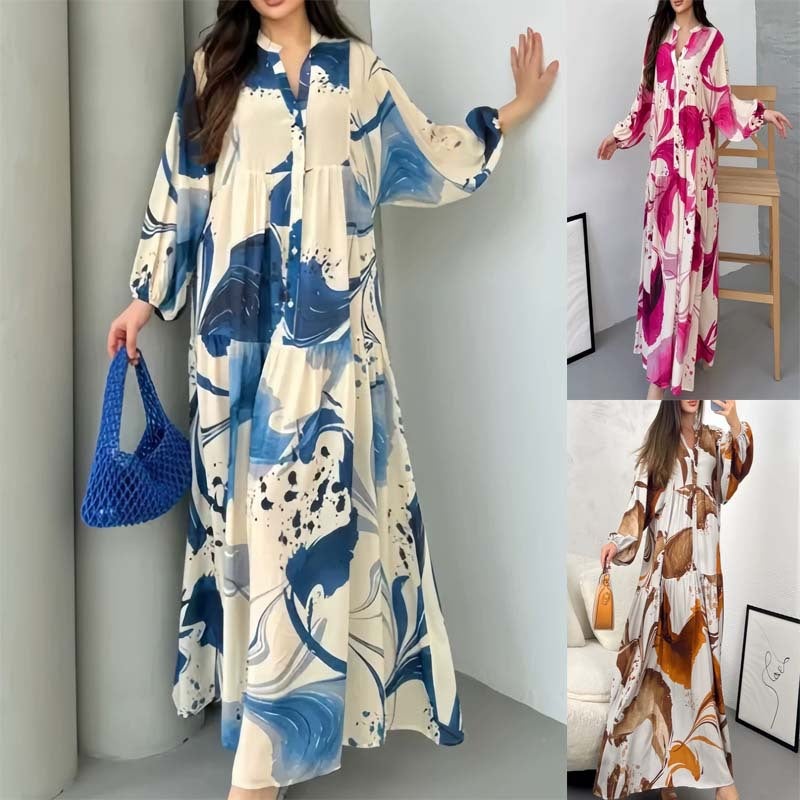 فستان مطبوع بياقة بولو بأكمام طويلة - Image 1