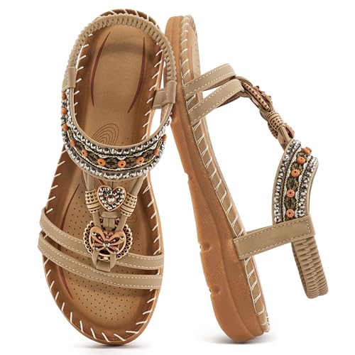 Aomigoct Sandals Women Flat Shoes: Dressy Summer Bohemian Flats Shoes for Women Sandals Comfortable Ankle Strap Outdoor Walking - Image 1