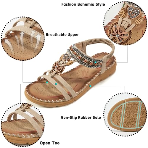 Aomigoct Sandals Women Flat Shoes: Dressy Summer Bohemian Flats Shoes for Women Sandals Comfortable Ankle Strap Outdoor Walking - Image 3
