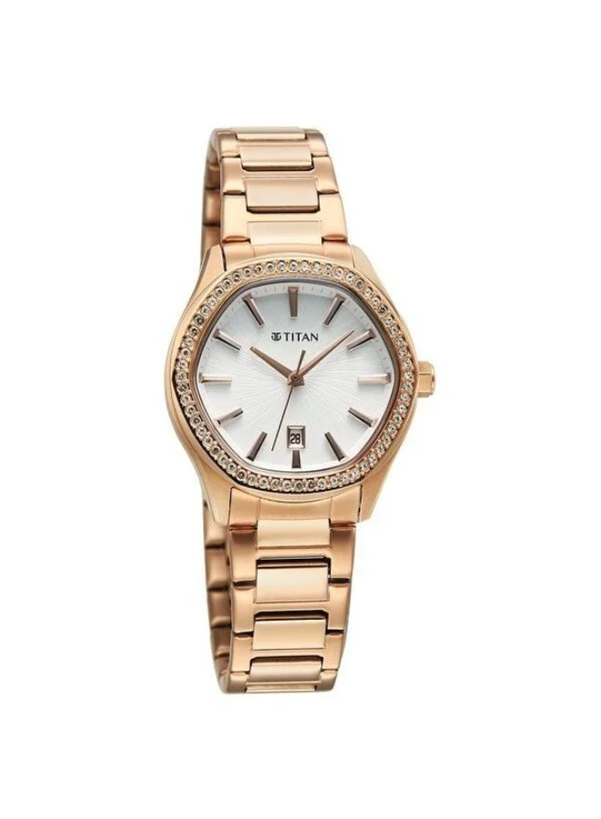 TITAN Glamour Quartz Analog with Date Silver Dial Rose Gold Stainless Steel Strap Watch for Women - 95326WM01