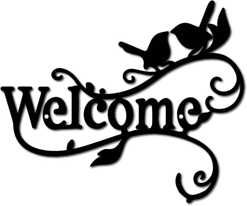 CREATCABIN Welcome Metal Wall Art Birds on Branch Decor Wall Hanging Silhouette Sculpture Ornament Iron Sign for Indoor Outdoor Home Living Room Kitchen Garden Office Decoration Gift Black 12 x 10Inch - Image 1