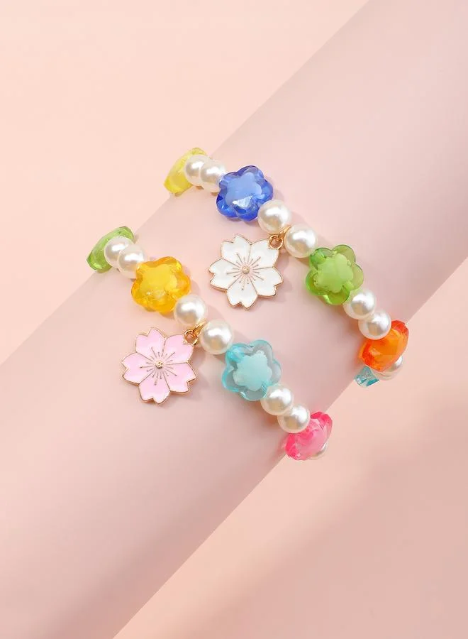 Pack of 2 - Girls Multi-Color Flower and Pearl Bracelets