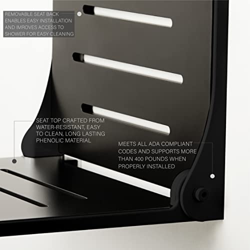 Seachrome SHAF-185155-PBS-S-MB High Back Silhouette Folding Wall Mount Shower Bench Seat with Matte Black Frame - Image 4